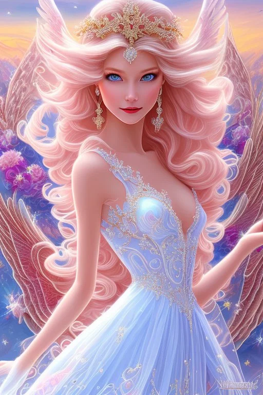 Magnifique woman, lady fairy, facing happy, voluptuous white, pink enchanted flowers, wings magic, long big dress, pink outerspace stars planets, Beautyful smiling, young woman, long hair amazing blue eyes, flowers, happy cosmic, bright colors, blue, pink, gold, jewels, realistic, photo real, clear sunny background, highly detailed, high contrast, 8k high definition, unreal engine 5, extremely sharp detail, light effect, sunny light background