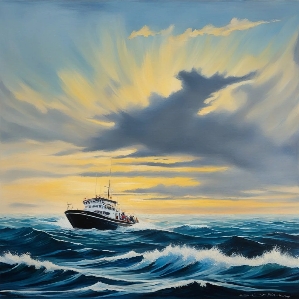 oil painting of the shark-fishing boat ORCA from jaws, passing through a ship channel.