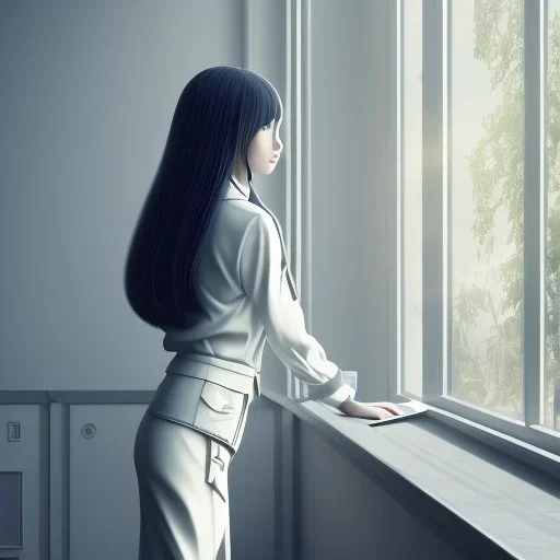 Anime, female student studying under window, studying lesson, perfect face, cool face, ultra detail, unreal engine 5, cinema4d, sun light, studio lighting --ar 1:1 --v 4