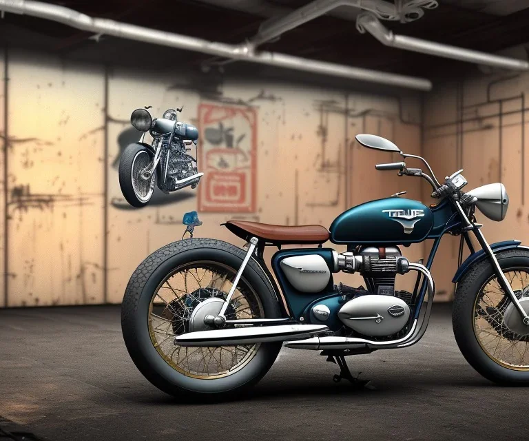 technical design study, oldschool 1960s triumph man over bobber bike, ratrod style, short tailpipe, stylized garage interior background, hdr, uhd, 8k, dof, center camera, perspective view, pivot on triumph, by paul meijering