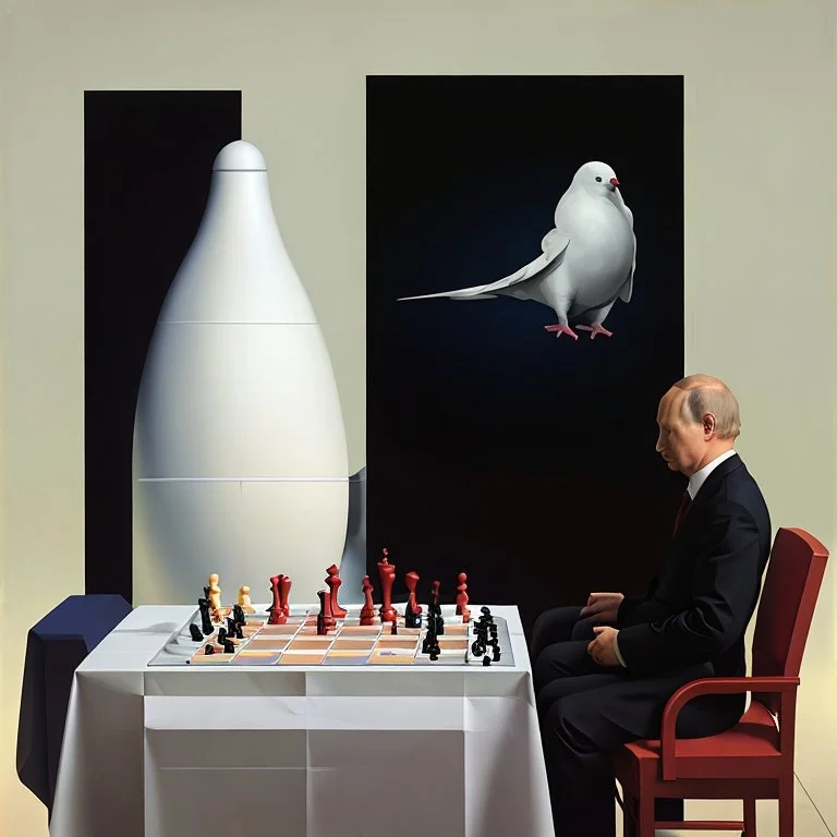 Putin, President Xi Of China And Joe Biden Play Chess With A Pigeon,Ufo And Atomic Bomb Mushroom Cloud,Complex Surgical Instruments Intermixed With A Newborn Boy,Minimalism,Painting By Adrian Ghenie,Rene Magritte,Pablo Picasso,Michelangelo,Salvador Dali,Lucian Freud