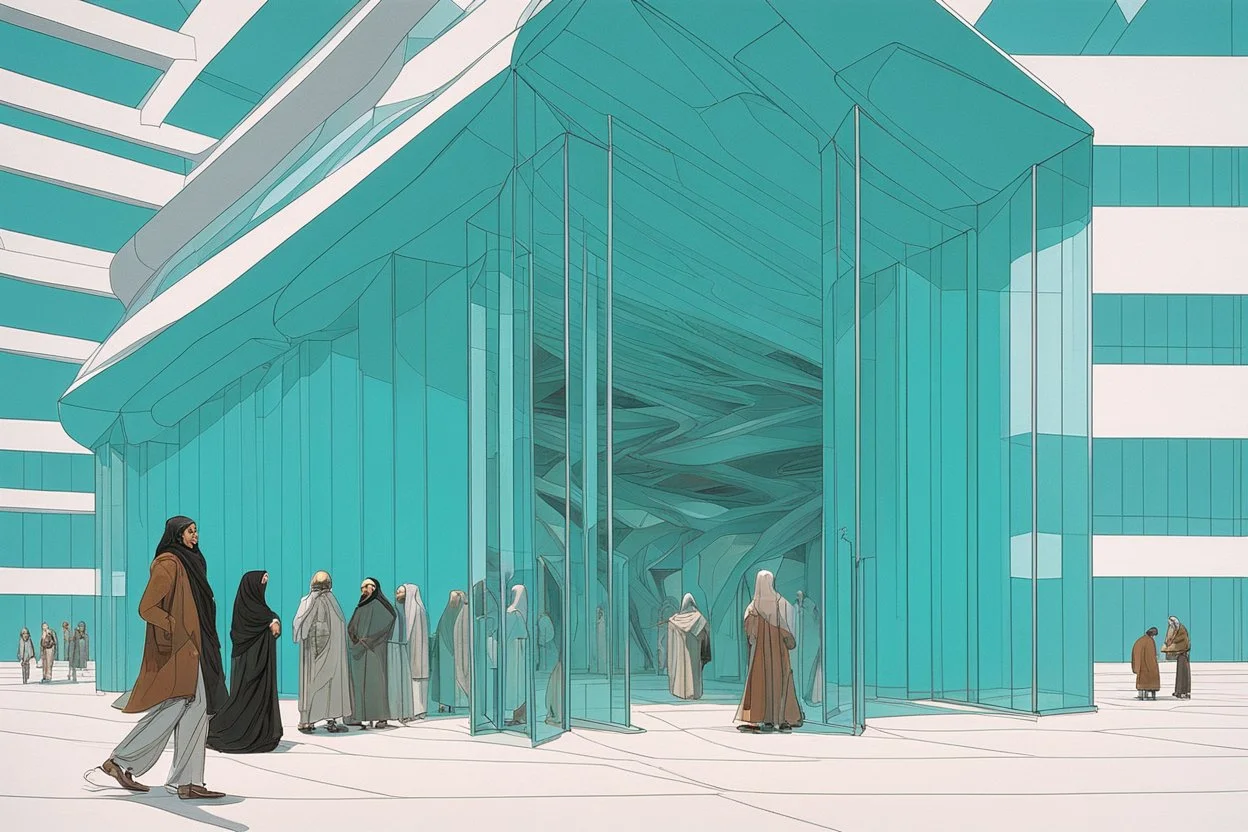 a group of people outside a futuristic gothic_arab glass gate in a turquoise wall by artist "Zaha Hadid",by artist "Richard Dadd", highly detailed