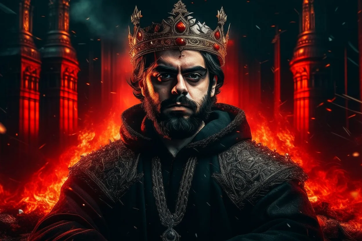 Portrait roi conquerant cyberpunk, cheveux noirs, barbe, yeux rouges, porte une couronne en feu, battiments union europeene en feu arriere plan