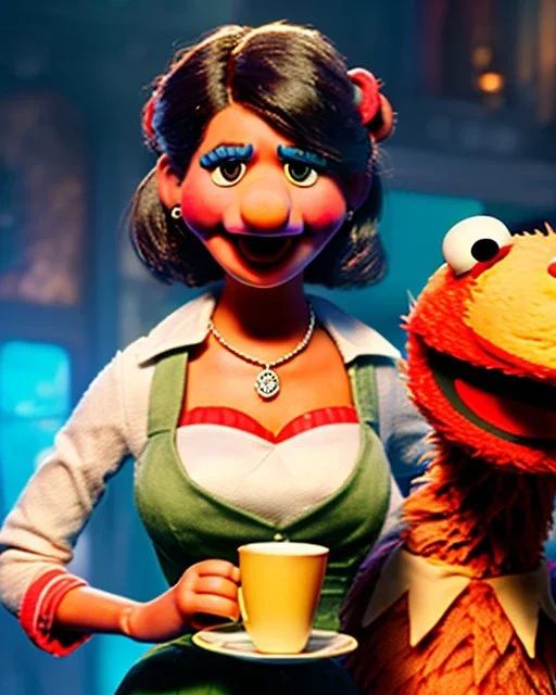 waitress woman with Sesame Street muppet mask-head, concept art, retro style, smooth, unreal engine 5, god lights, ray tracing, RTX, lumen lighting, ultra detail, volumetric lighting, 3d.