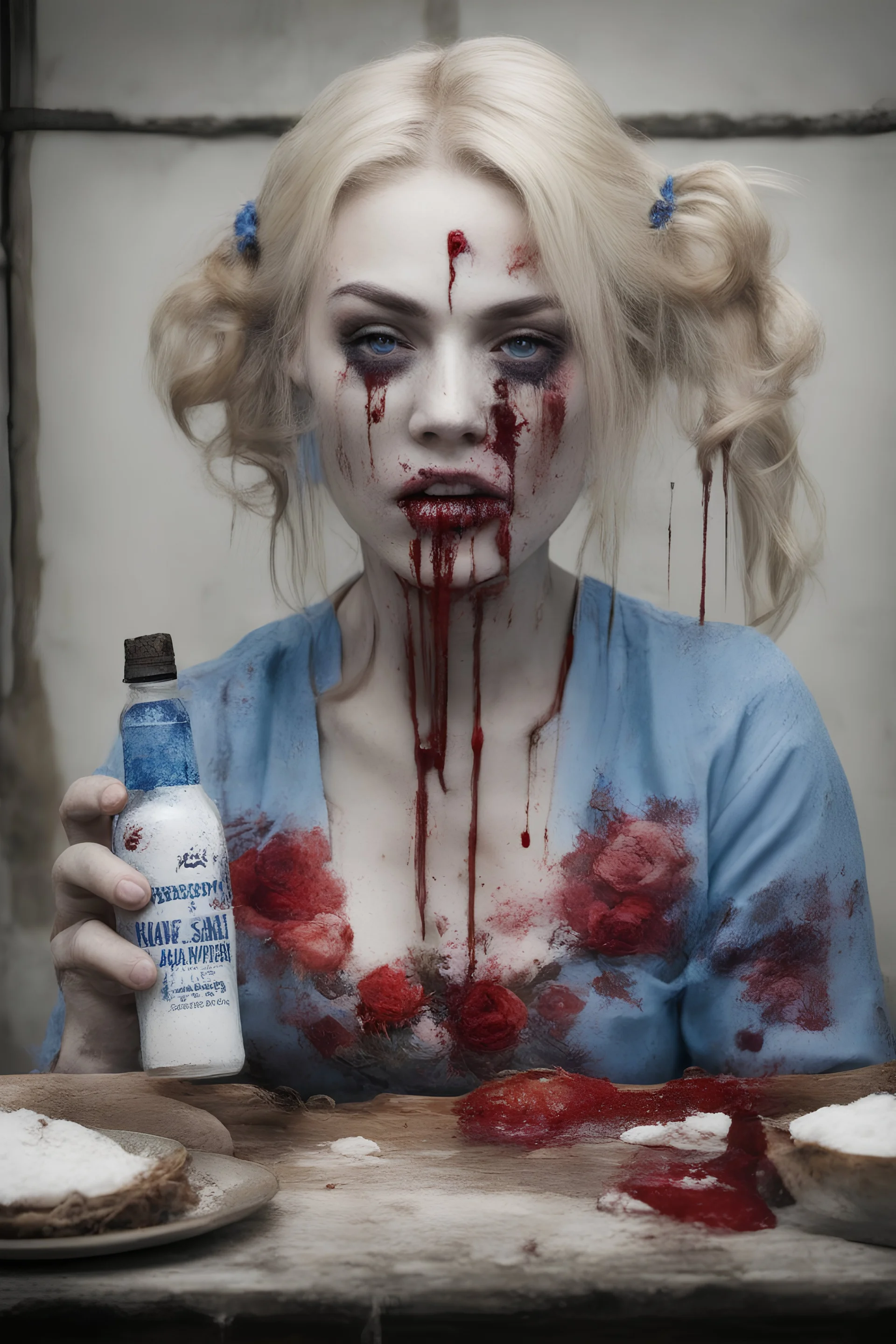 Mugshot, facial, closeup, blue, large, dead woman, blonde, floral designs, atmospheric, beautiful, China Doll, Vampiric, horrifying, blood dripping, brain matter, severed arms and legs, Negan, Baseball bat, barbed wire, a sack, 3 table spoons of salt, Boiling water,