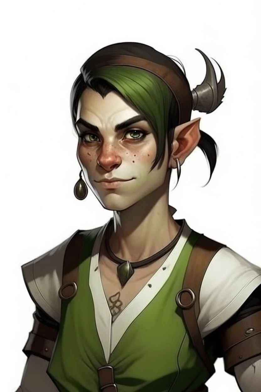 strong tomboy young half orc male who works at a tavern with pointy ears and green skin realistic short hair