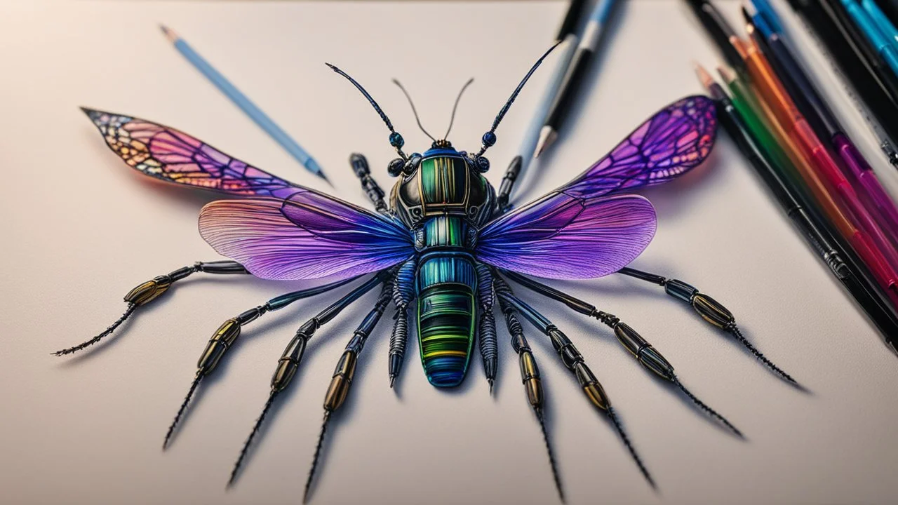 2159. Robot insect drawing a picture, holding six gel-pens in its six hands, drawing a beautiful picture with four pens, one pen in each hand. The picture is almost finished. Artistic, beautiful lighting, attractive composition, photorealistic, extremely detailed, chiaroscuro, rule of thirds