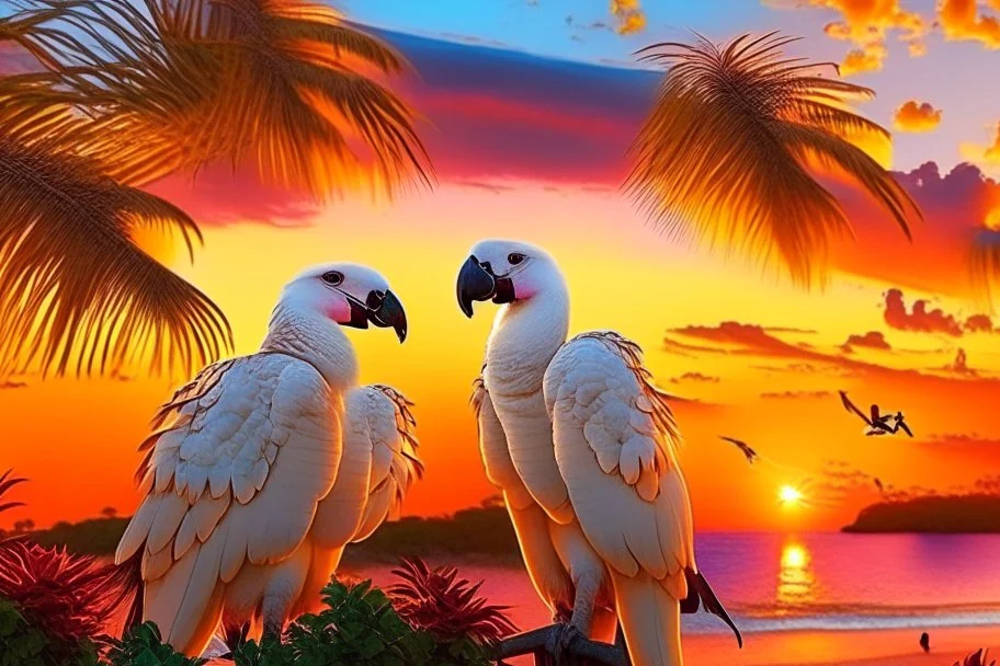 cockatoos, tropical paradise island, sunset