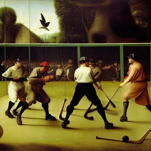 baseball game players by hieronymous bosch, birds, monsters