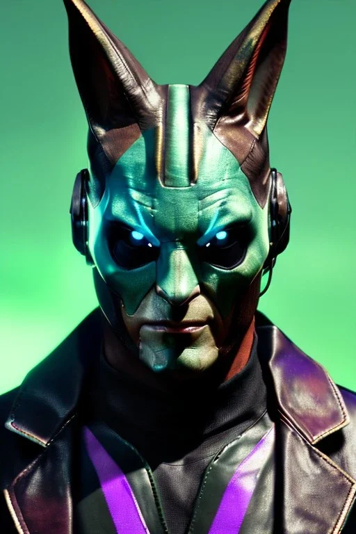 Medium Close Up Portrait, Front image. cyberpunk, rabbit mask helmet, strong man, silver hair. latex suit. Purple, green, color. Joker style. Color background, photo studio. Avatar image, highly detailed, concept art, smooth, unreal engine 5, ray tracing, RTX, lumen lighting, ultra detail, volumetric lighting, 3d, finely drawn, high definition, high resolution.