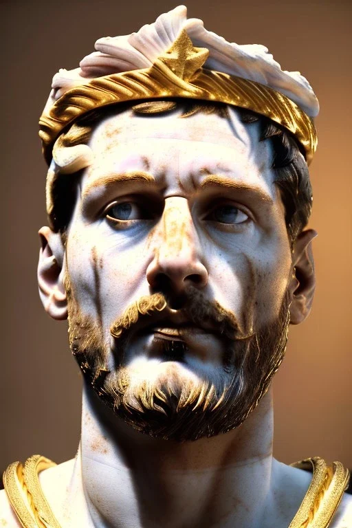 Realistic image, Roman sculpture made in white marble with gold veins, Lionel messi with gold laurel leaves crown, decorative star on the chest, waist up portrait,marble material, gold ornaments, Renaissance style, sun rays background, epic, celestial, cinematic lighting, God lights, 4k resolution, smooth details, soft lighting, unreal engine 5, art station, substance 3d.