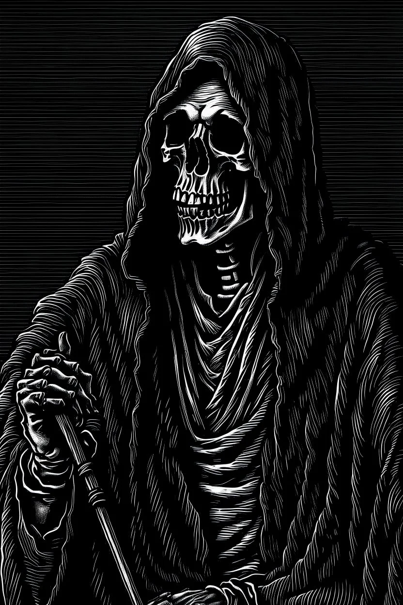 ultra high image quality, Grim Reaper, WEARING A 3 PIECE SUIT, POSED FOR DOLLAR BILL PORTRAIT, LINE TONE, WSJ STYLE, HEDCUT, Close-up of an set against AMOLED-worthy pure black backdrop, fantasy art style infused with filter, tailored for vertical wallpaper, exclusive design with no duplicates, radiating beauty suitable for a PC screen image, vivid colors, ultra fine, digital painting.