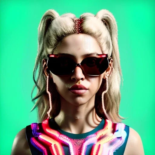 Shakira, artist, 30 years old, Realistic image, waist up portrait, etro style dress. Gucci sunglasses. Blonde, loose long hair, eyes make up, perfect, glow, circle iris. Neon colors, leds, geometric shapes. Cyberpunk. concept art, smooth, unreal engine 5, god lights, ray tracing, RTX, lumen lighting, ultra detail, volumetric lighting, 3d, finely drawn, high definition, 4k.