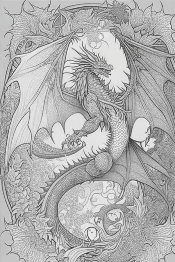 coloring book page of a flying dragon, mandalas