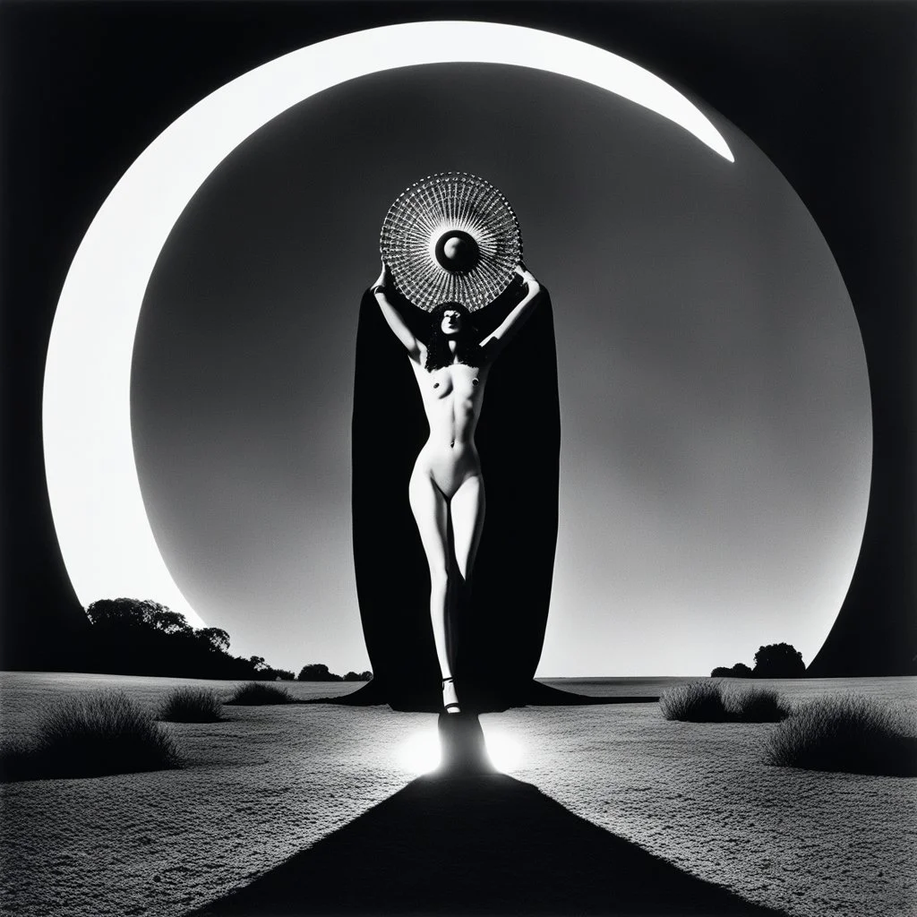 [Le Cabinet de Curiosités by helmut newton] The creature's cranium is massive, adorned with a huge crescent halo that emanates an otherworldly glow, reminiscent of burning crop circles etched with sacred geometric designs. In a scene that combines elements of gothic and emo aesthetics, the figure moves with an eerie grace, as if performing a cosmic dance. Clad in a Japanese-inspired ensemble of red, black, and white, the being wears a high kilt