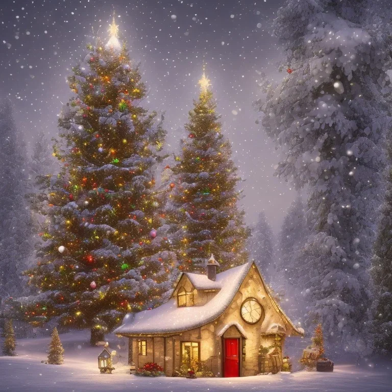 foto realistic winter house with a illuminated christmas tree and presents in the night