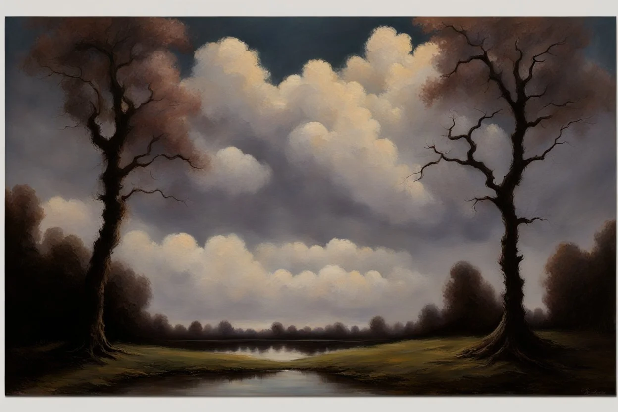 Trees, clouds, 2000's gothic films influence, friedrich eckenfelder impressionism painting