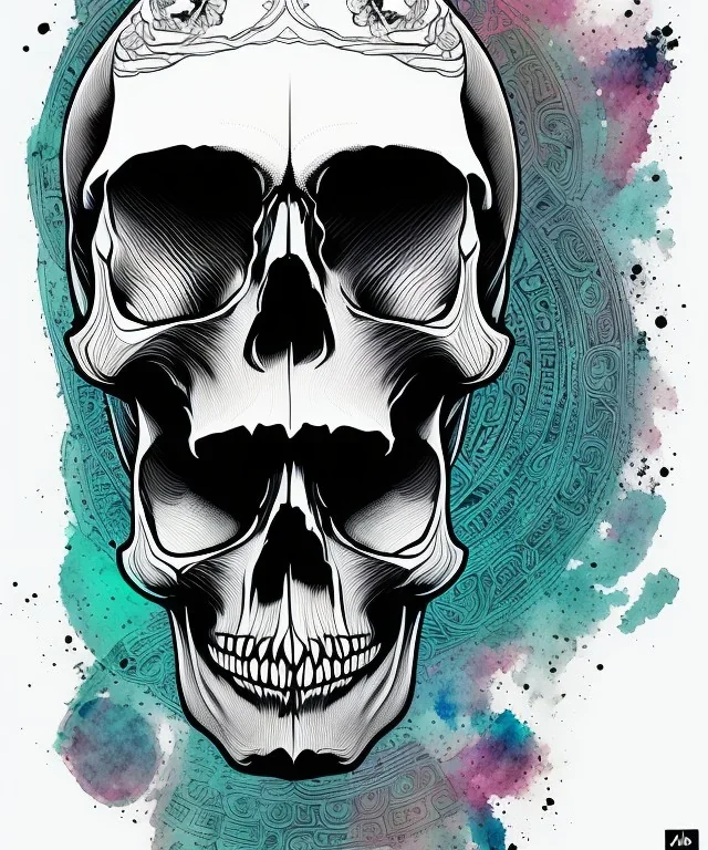 minimal lineart skull. watercolor and ink. black background. teal and magenta