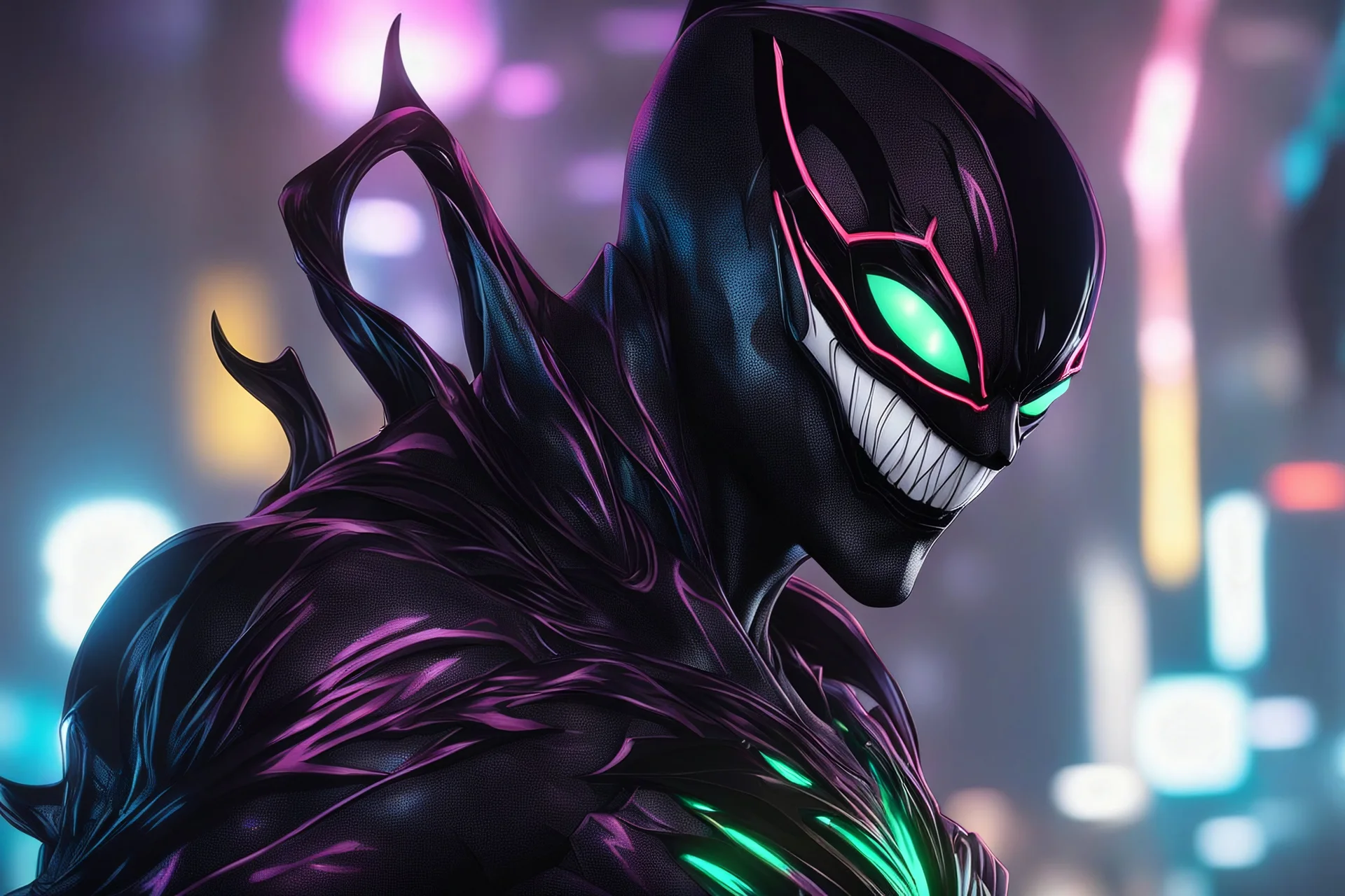 symbiote in 8k solo leveling shadow drawing, joker model, neon lights, intricate details, highly detailed, high details, detailed portrait, masterpiece,ultra detailed, ultra quality