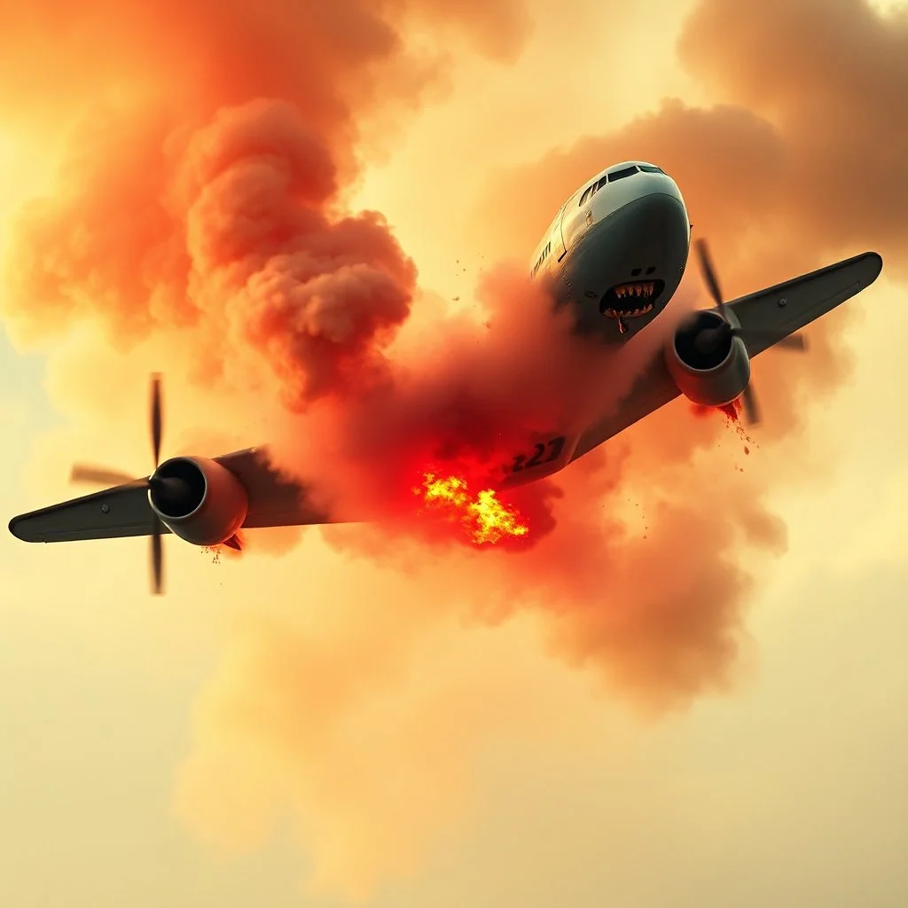 Scary big airplane flying with multicolored smoke and fire
