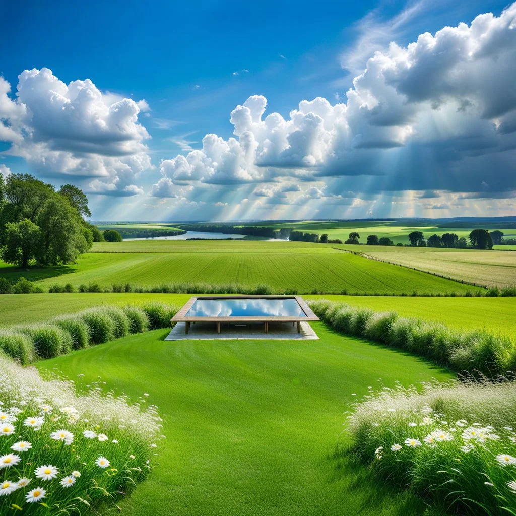 a dance platform with decor mane in country side in center of picture ,green field ,flowers , small river,blue sky pretty clouds ,camera looking at horison