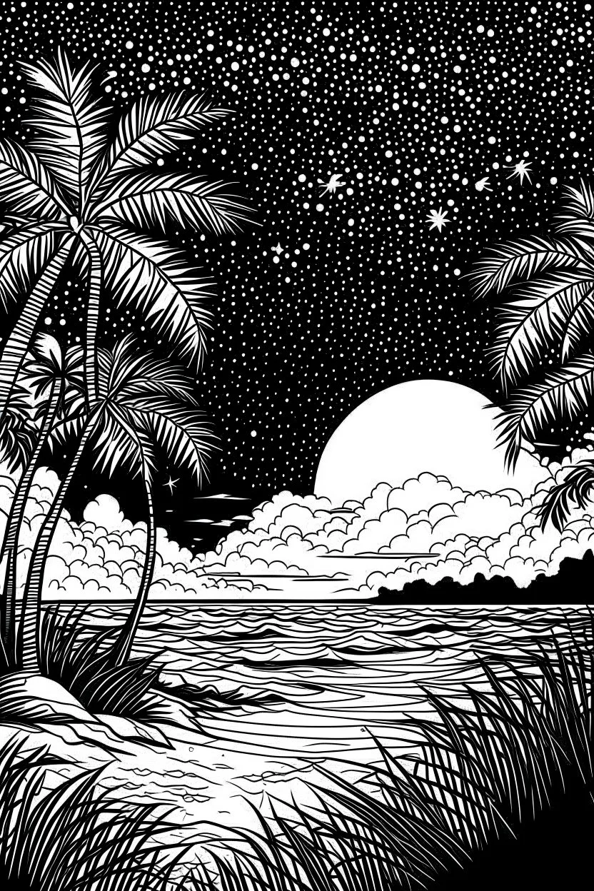 moonlit beach with starlit palm trees, in black and white with distinct lines, perfect for an adult coloring book, contour, vector, clean line art, isolated on a white canvas