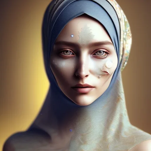 close up portrait of Sofia Buttela as woman in hijab, fine detail, highly intricate, modern surrealism painting, with scars on face , defined cracks and breaks, high-quality, volumetric lighting, 8k, ultrahd, George Grie, Marco Escobedo, Igor Morski,Brian Froud, Howard Lyon, Selina French,