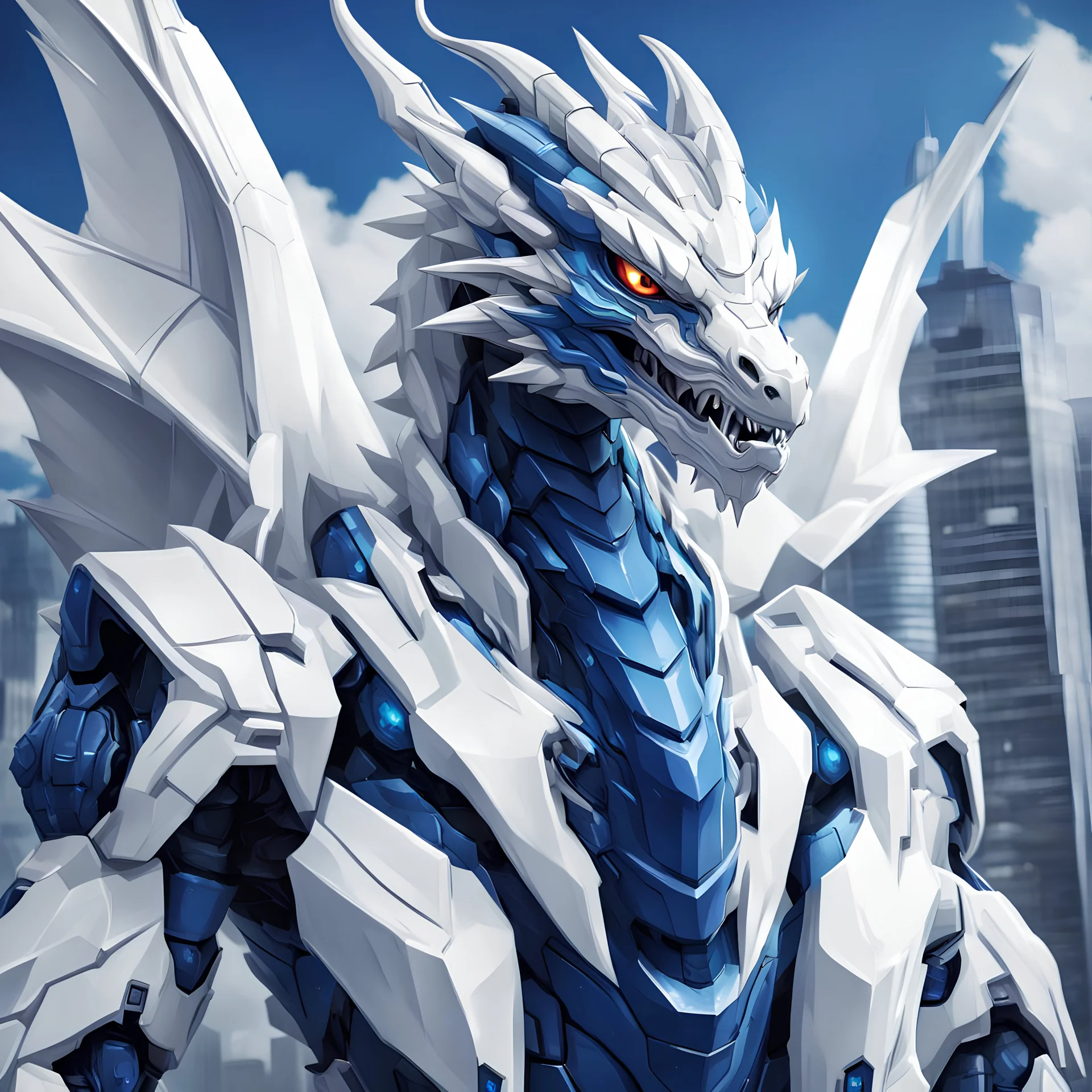 white skyscaper dragon with deep blue mecha parts in Advertising portrait art style