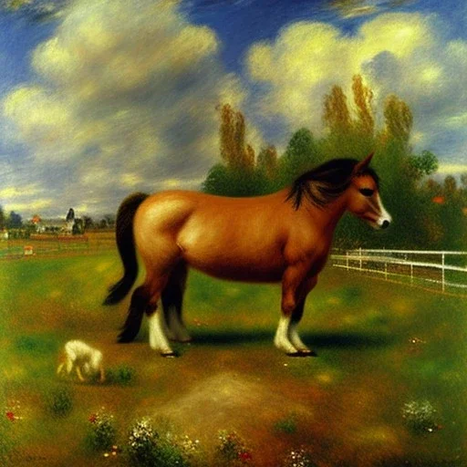 shetland pony, fence, field, oil painting, by Renoir, summer daytime