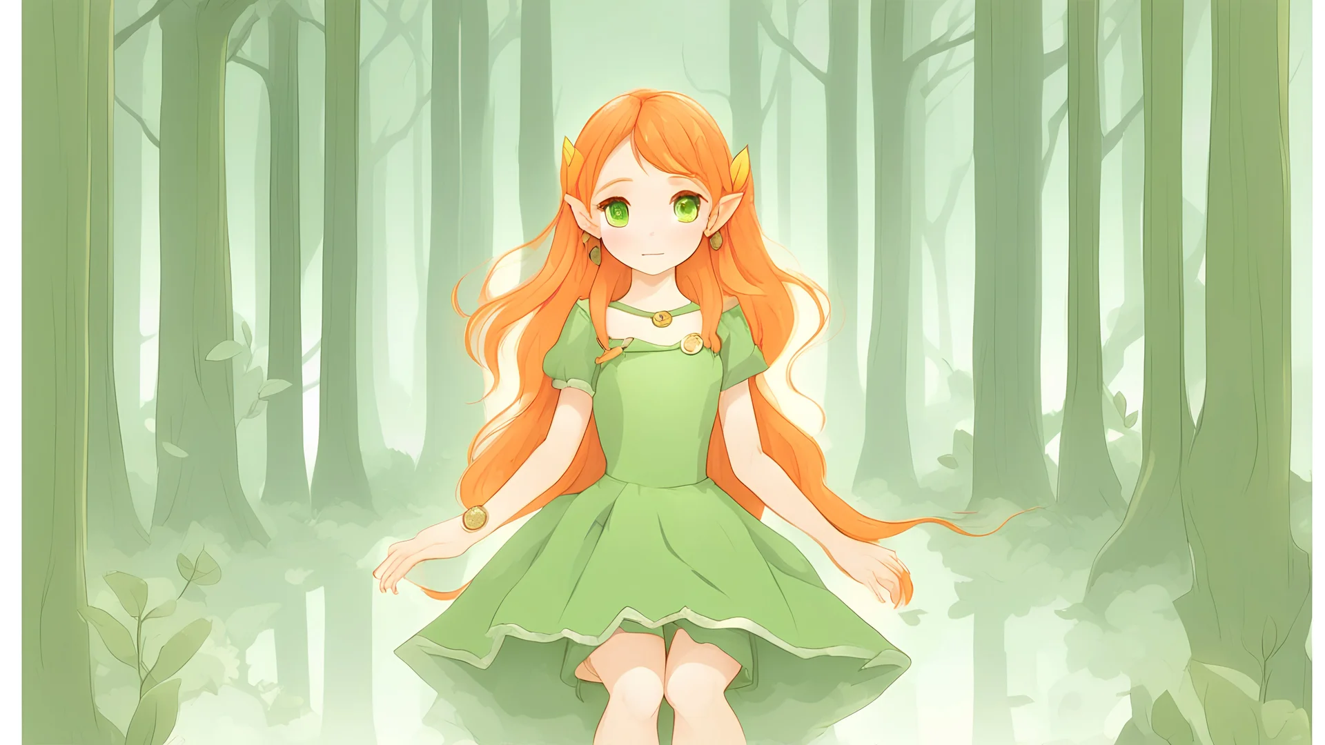 Cute Elf with orange hair and glowing green eyes She wears a light green dress