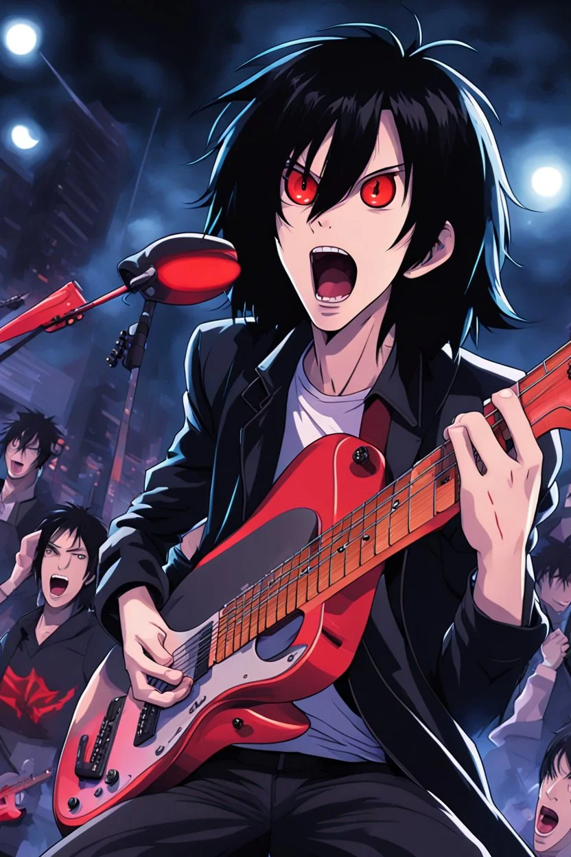 A portrait of 30 years old male guitarist screaming in the microphone at a midnight concert, manly facial features, red creepy alien bug eyes, black hair, athletic build, dynamic in the style of manga "Rosario+Vampire"