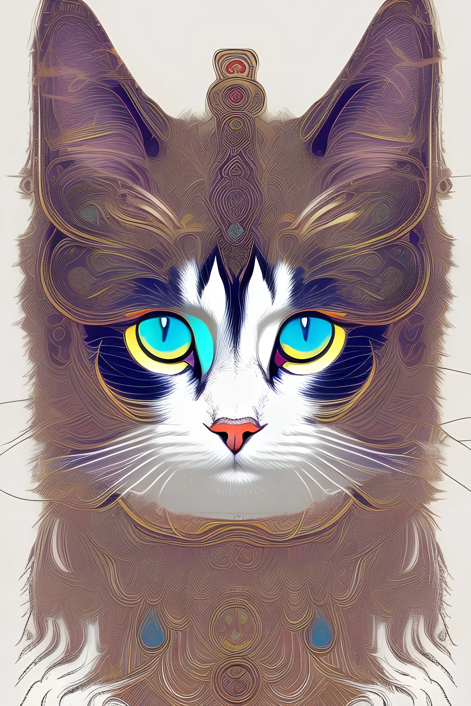 vector art cat,lije turkish van cat, goddess, trippy, eyes different colored