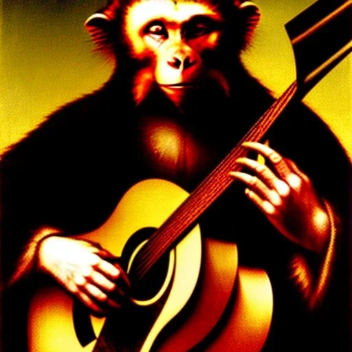 oil by albrecht durer of a monkey playing a guitar, 6 strings, fingers