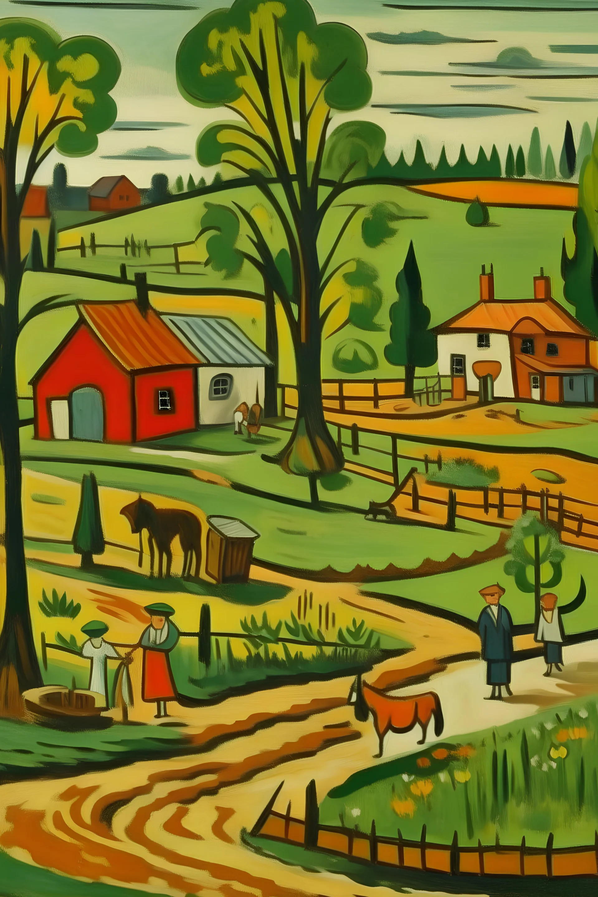 A view of rural life in the style of the Expressionist school