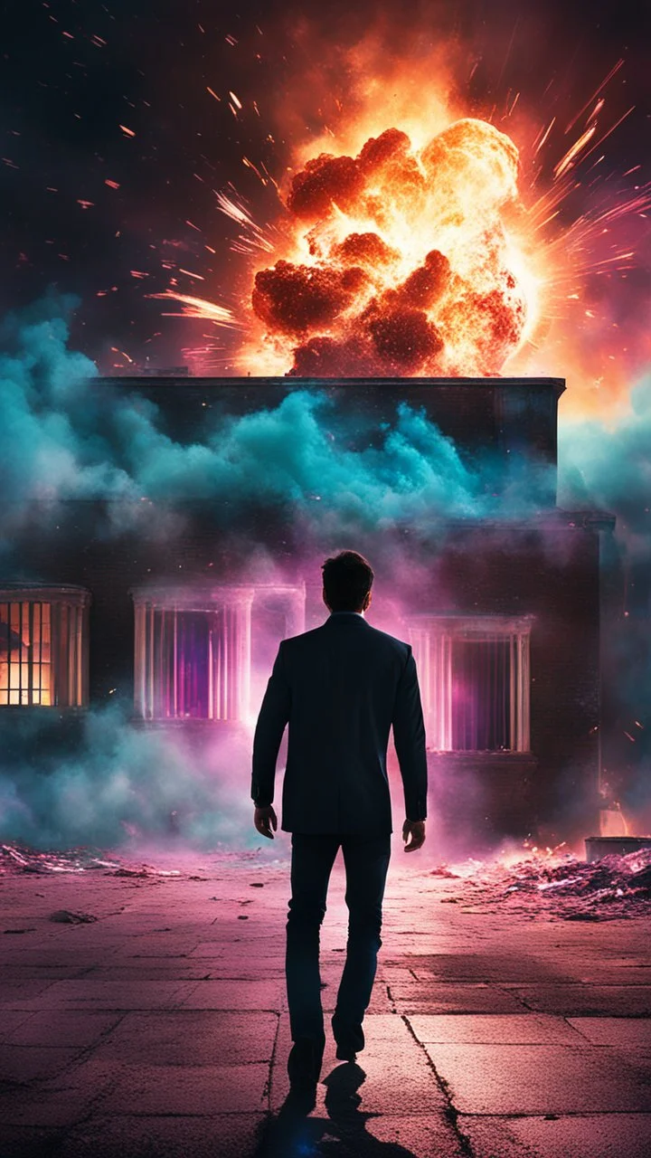 Young man walking towards a building that is exploding at night, with coloured auras around him