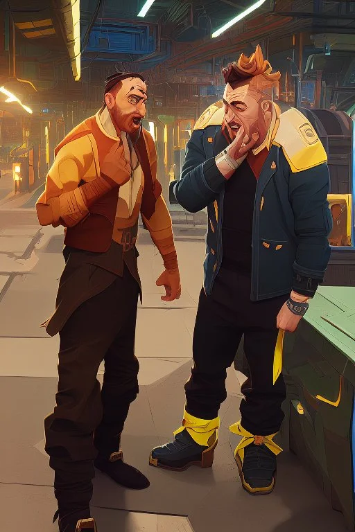 2 men arguing in factory Simon Stalenhag cartoon style