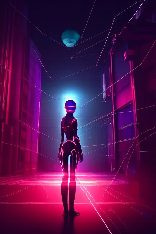 3d, si-fi hunger , far away a girl in the middle, stand on round platform, connected by wires , vr googles, beautifully color coded, super detailed, moody lighting, volumetric lighting, night time, glowing veins, mass effect, vertical light glow city