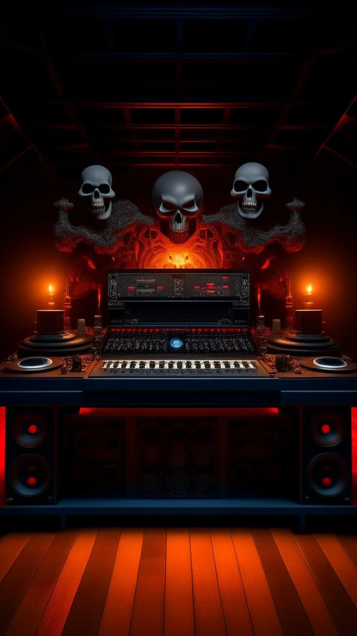 DJ of the damnded, insanely detailed DJ booth in hell, MID set, speakers and equipment made of bone, anatomically correct, add more skulls in th audience, photorealism, vray, 8k 3d https://stablecog.com/generate?o=a67b60e0-edd2-418d-9744-d1d585055d7f