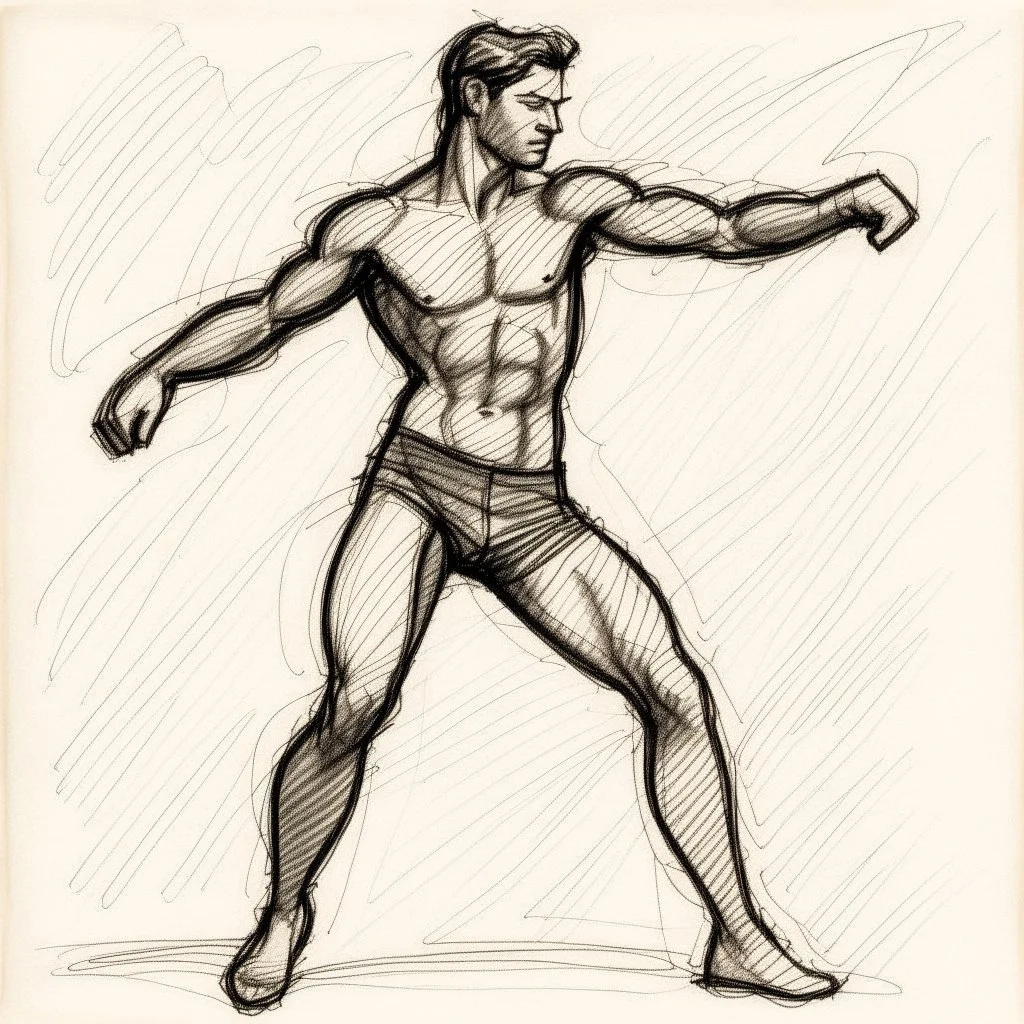 A dynamic sketch of a male figure, rendered in a sketchnote style with rough charcoal on aged paper.