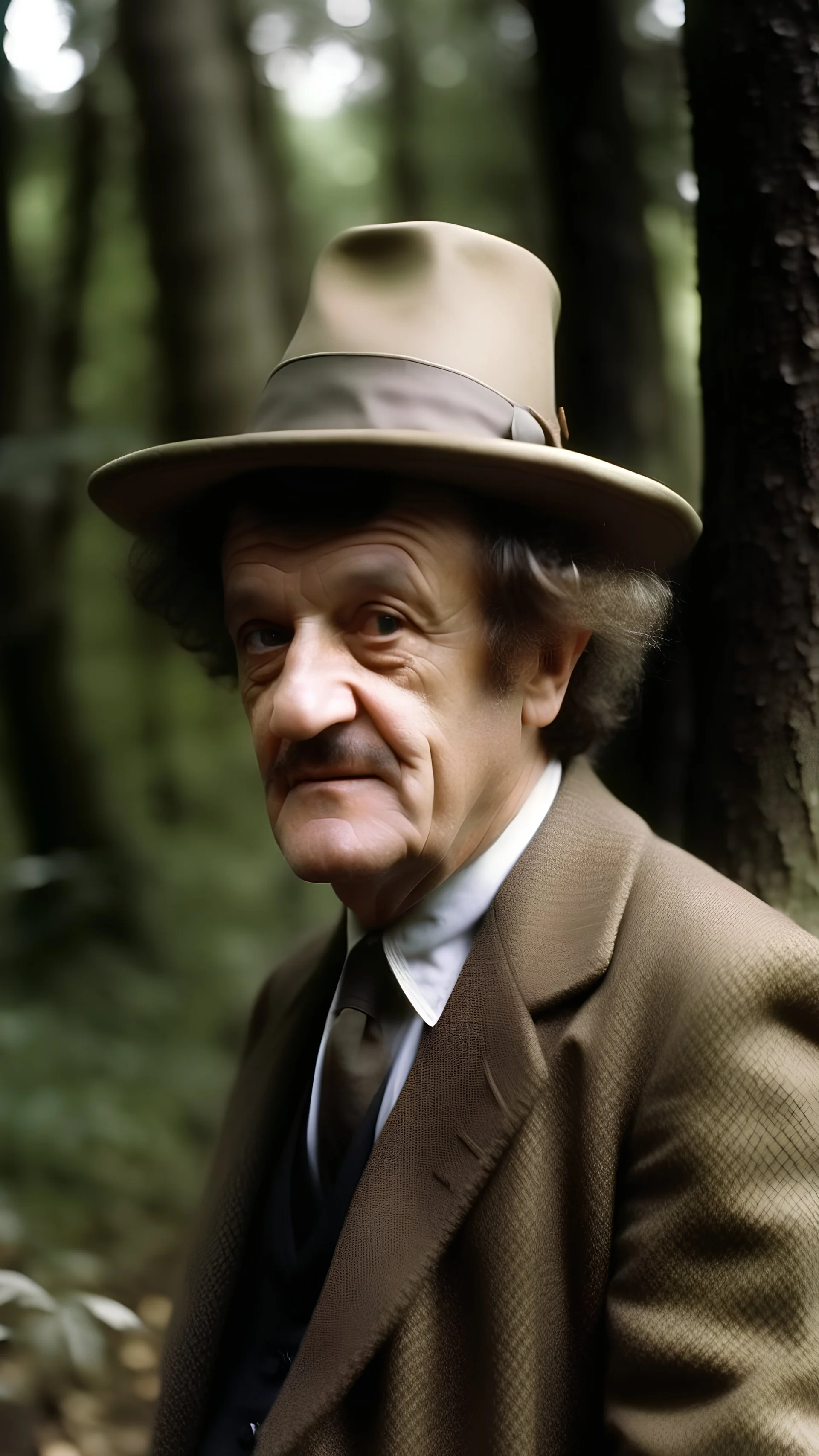 Kurt Vonnegut in the woods wearing a fancy tea hat and dress