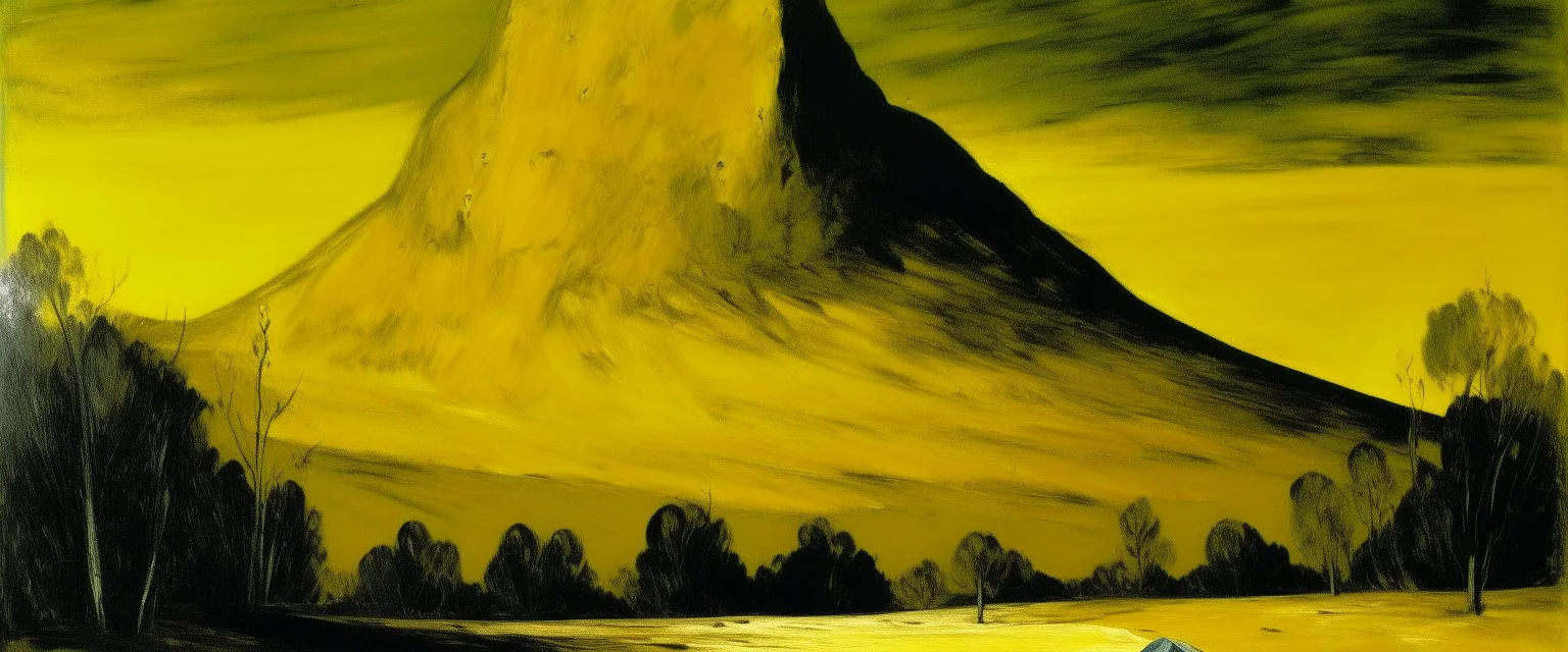 A dark yellow dry prehistoric mountain made out mercury painted by Alfred Sisley
