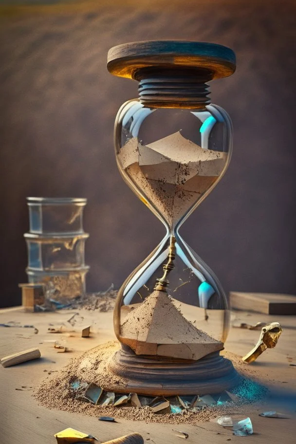 hourglass on a desk. bottom chamber glass bottle broken, shards of glass on the desk among a pile of bones and sand. masterpiece, rich texture and color.