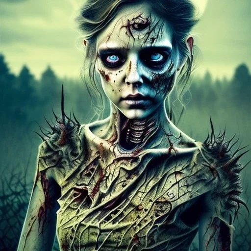 Ultra realistic "walking dead" zombie , wind blowing, :::BREATH TAKING COMPOSITION:::, dark eye make-up, intricate textiles, skin color make-up, etherial, sunset, gritty photo realistic, sun chapped lips, complex shadows, sun on face, ambient detail, strong direct single source lighting, dramatic light, depth of field, realistic, unreal engine, octane render, proportional face features, intricate fashion, national geographic haze, asymmetric composition, intricate dark backg