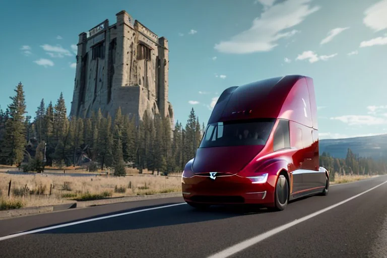 A Tesla 'Semi' (semi truck) is going at a high speed, near the 'Devils Tower' in Wyoming. (CINEMATIC, WIDE ANGLE LENS, PHOTO REAL)