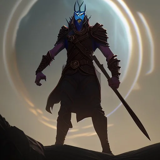 Sauron, the mighty lord of darkness, standing on a rock in the dark land of Mordor, a super-hero man of infinite power and technology of the galactic race, with a great army, a large moon disk behind him, and a fiery sword in his hand