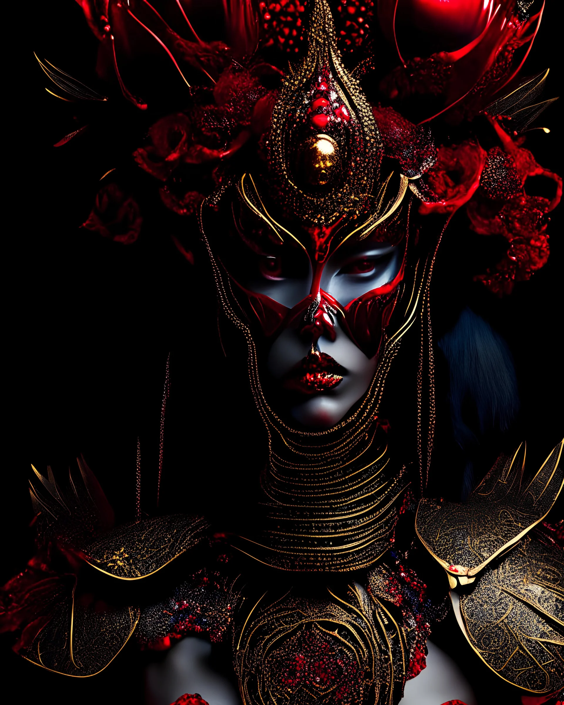 Voidcore shamanism woman portrait adorned with voidcore samanism red and black gladiolus headdress wearing metallic irridescent bioluminescense red and vantablack decadent filigree Golden floral embossed gladiolus dress armour ribbed with mineral stones wearing half face metallic rococo masque organic bio spinal ribbed detail of transculent metric pearl shell colour petals glittering Extremel detailed hyperrealistic maximálist concept portrait art