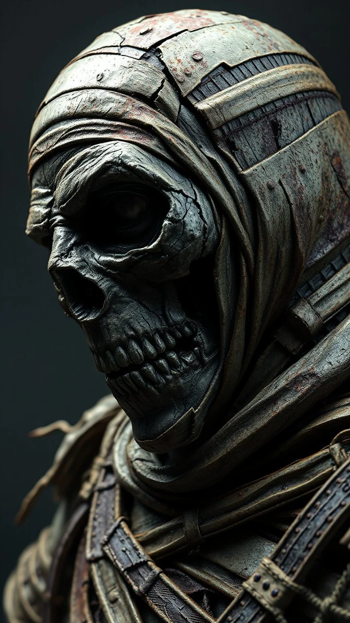 Busch painting style nightmare, a zoomed side view of the mummy by his face skin is a rusted broken metallic skin texture in a 3d rendering full-height image of a grim and dark scene. Ensure the final images exhibit the utmost quality, encompassing 4K, 8K, and 64K resolutions, with 3D rendering that manifests in photorealistic, hyperrealistic, and highly detailed representations. Employ techniques such as HDR, UHD,