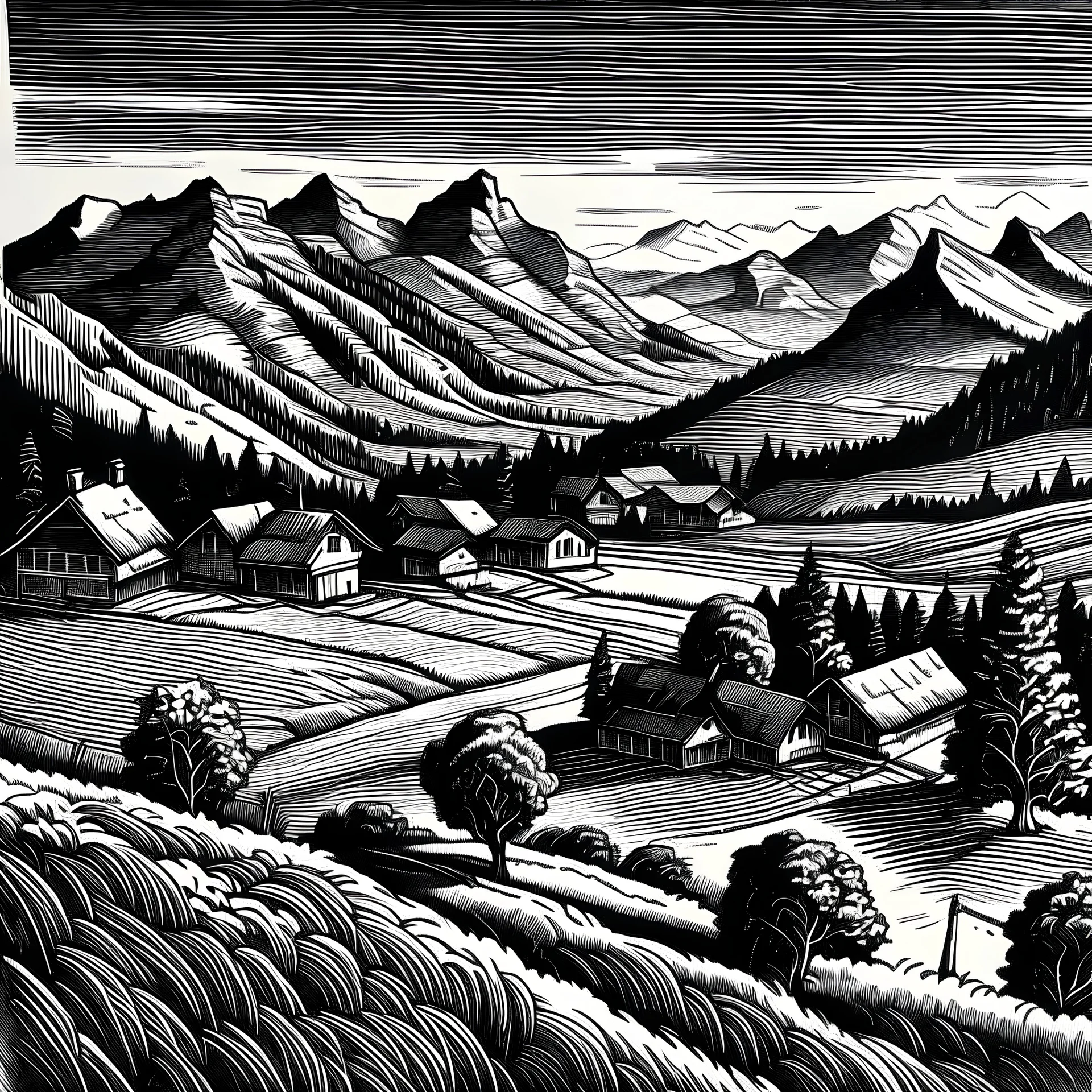 Swiss mountains and farms, engraved art, black and white