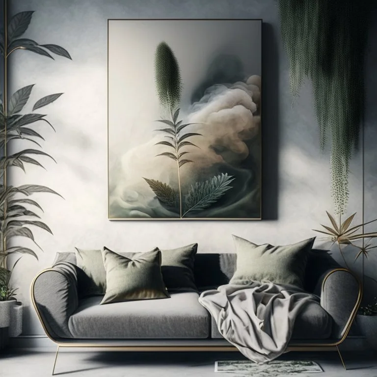 Design an artwork background that showcases the pleasure and relaxation derived from indulging in hash and weed, using elements like soft textures, hazy atmospheres, and gentle curves to evoke a sense of tranquility and bliss.