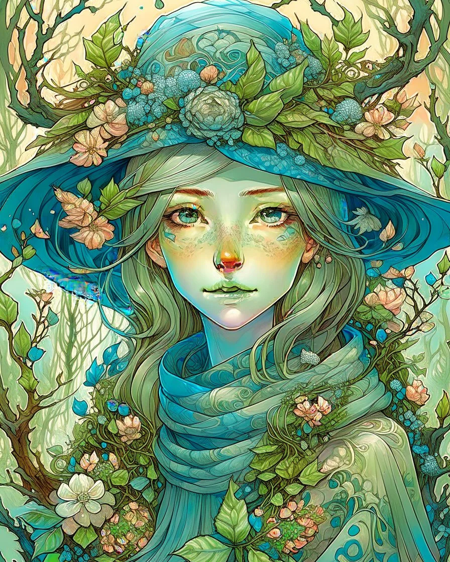 A stunning digital illustration of an ethereal, otherworldly figure embodying the essence of spring. The figure has a whimsical and surreal appearance, with intricate details and a harmonious color palette. She has a delicate, almost doll-like face with expressive eyes that reveal a calm, yet somewhat mysterious expression. This evokes a sense of peace and wonder. Her outfit is a blend of rustic and elegant, with a patchwork pattern that incorporates earthy tones and textures. The garment appear